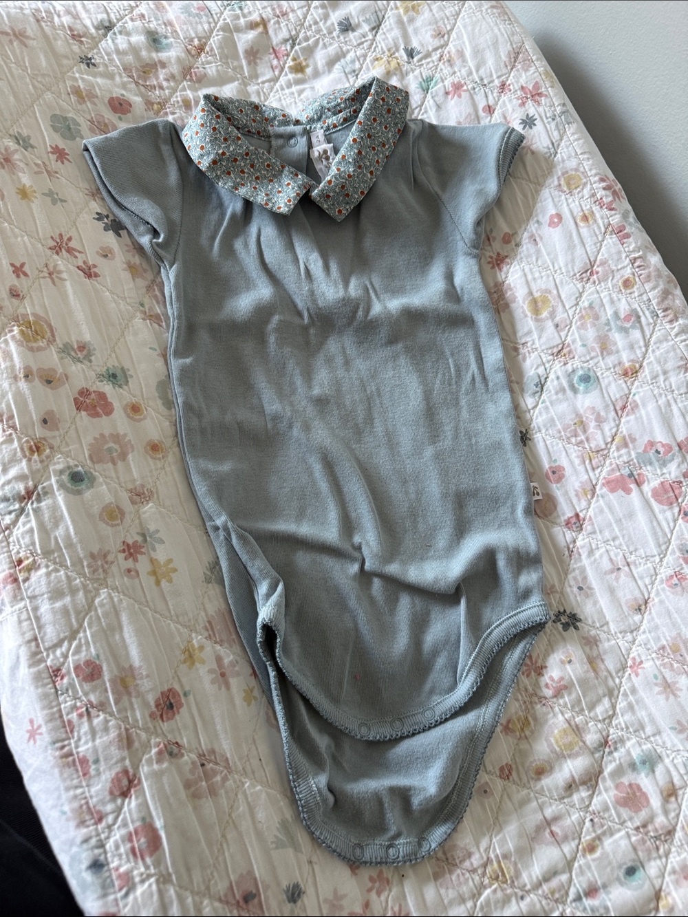 Bonpoint Light Blue Baby Bodysuit with Floral Peter Pan Collar